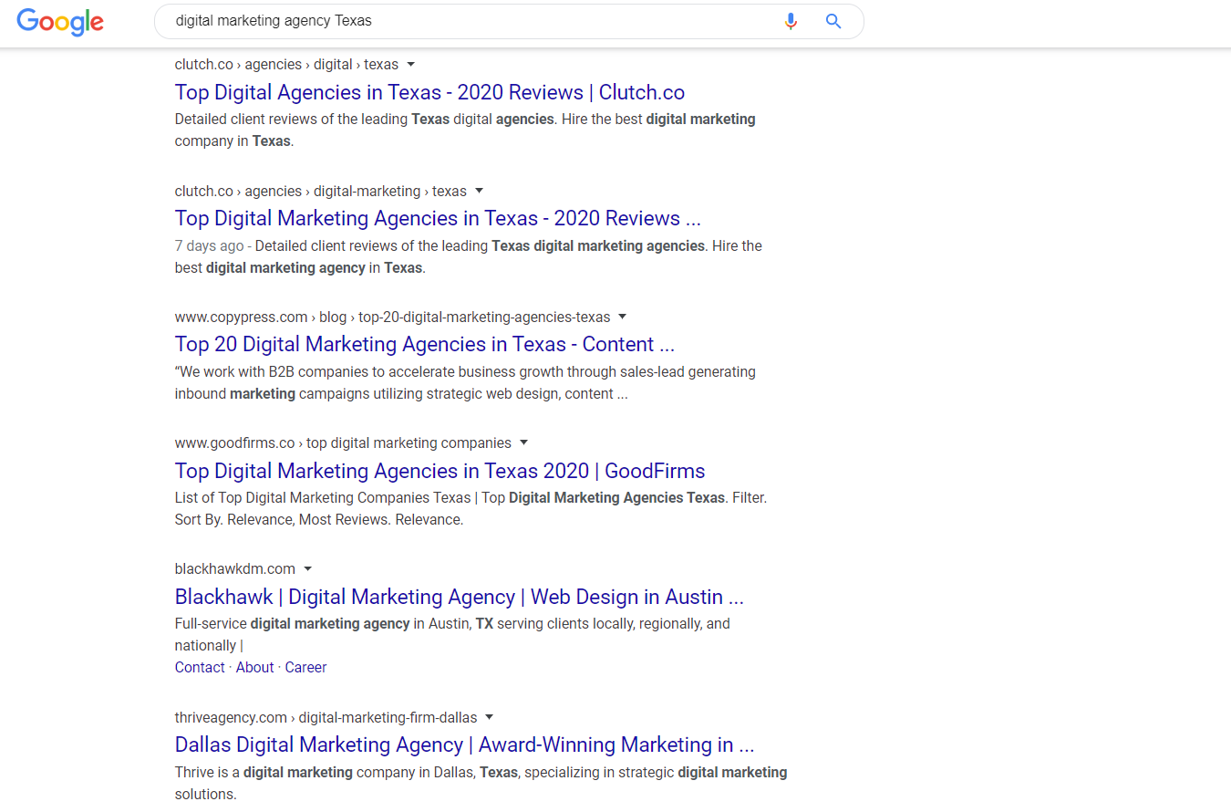 Digital Marketing Agency Texas search result
