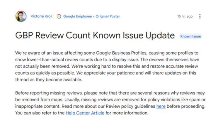 GBP Review Count Known Issue