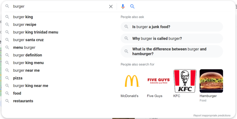 enhanced autocomplete results for the term ‘burger’