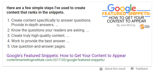 Content that ranks in the snippets