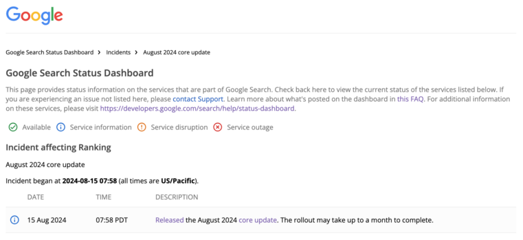 google search status dashboard