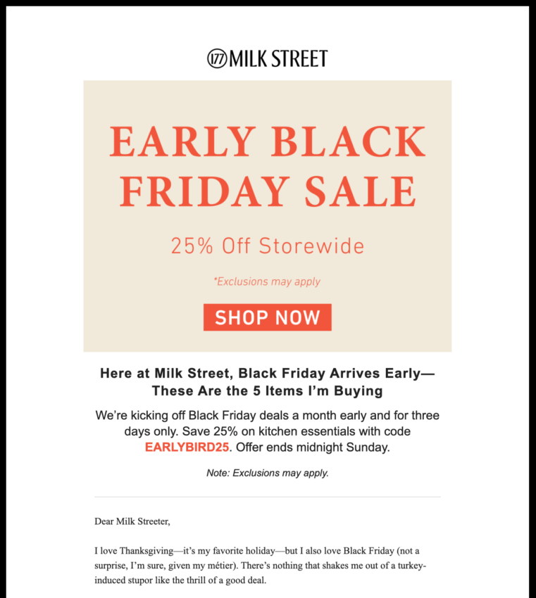 Example of holiday email promoting early campaigns