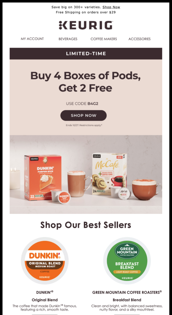 Example of holiday email with emphasized offering and bestsellers
