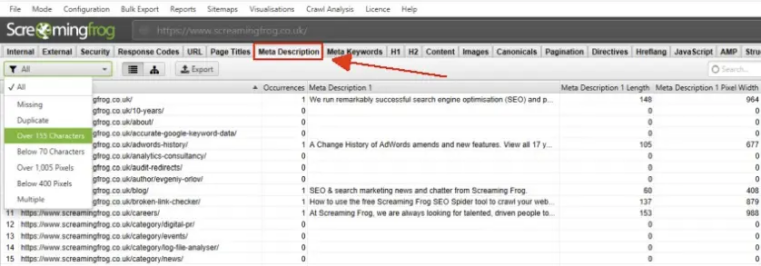 screaming frog meta data