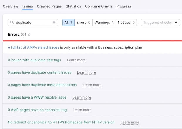 Semrush site issue audit
