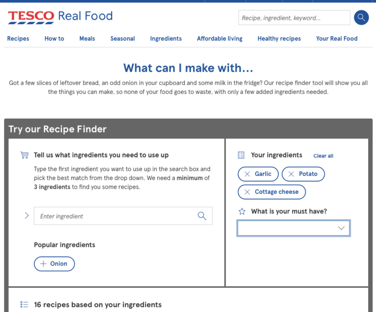 Example of interactive content “Recipe Finder”