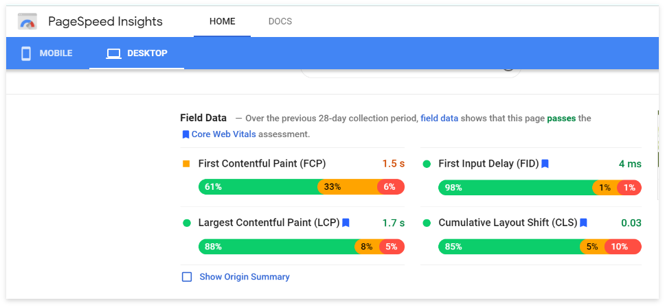 Page Insights Tool result